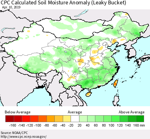 China, Mongolia and Taiwan CPC Soil Moisture Departure from Normal (Leaky Bucket) Thematic Map For 4/6/2019 - 4/10/2019
