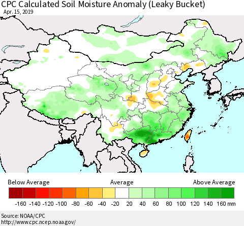 China and Taiwan CPC Calculated Soil Moisture Anomaly (Leaky Bucket) Thematic Map For 4/11/2019 - 4/15/2019