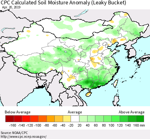 China and Taiwan CPC Calculated Soil Moisture Anomaly (Leaky Bucket) Thematic Map For 4/16/2019 - 4/20/2019