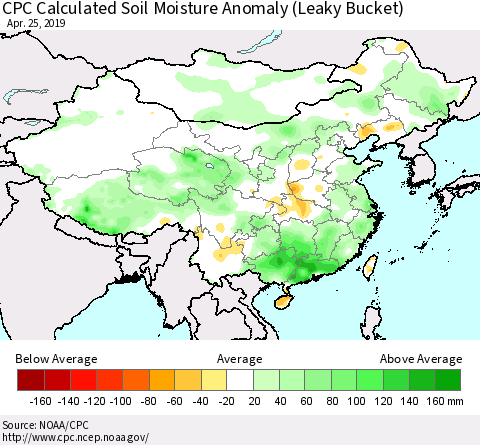 China and Taiwan CPC Calculated Soil Moisture Anomaly (Leaky Bucket) Thematic Map For 4/21/2019 - 4/25/2019