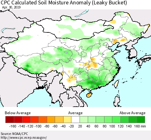 China and Taiwan CPC Calculated Soil Moisture Anomaly (Leaky Bucket) Thematic Map For 4/26/2019 - 4/30/2019