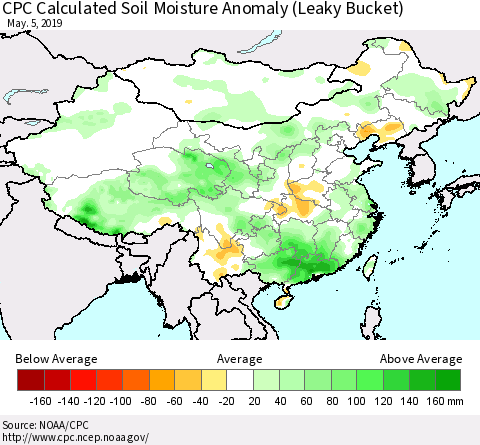 China and Taiwan CPC Calculated Soil Moisture Anomaly (Leaky Bucket) Thematic Map For 5/1/2019 - 5/5/2019