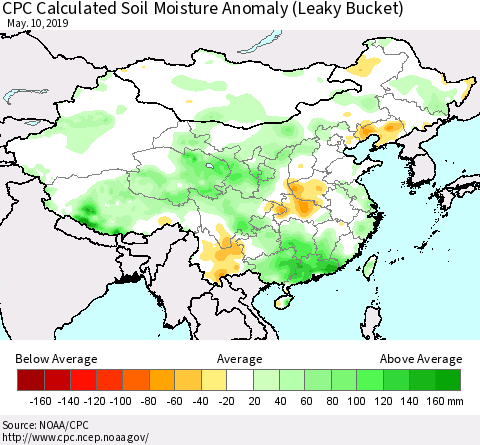 China, Mongolia and Taiwan CPC Soil Moisture Departure from Normal (Leaky Bucket) Thematic Map For 5/6/2019 - 5/10/2019