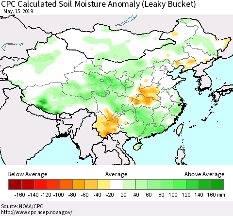 China and Taiwan CPC Calculated Soil Moisture Anomaly (Leaky Bucket) Thematic Map For 5/11/2019 - 5/15/2019