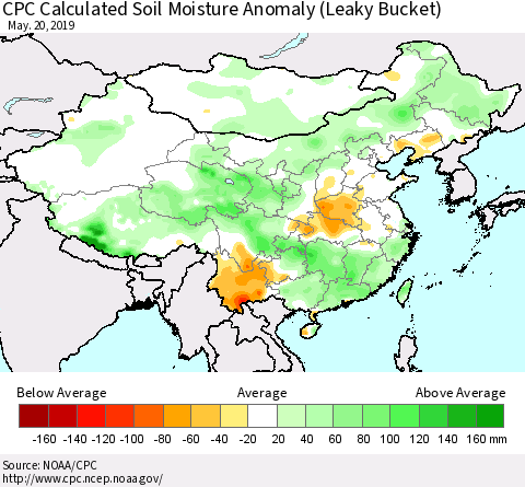 China and Taiwan CPC Calculated Soil Moisture Anomaly (Leaky Bucket) Thematic Map For 5/16/2019 - 5/20/2019