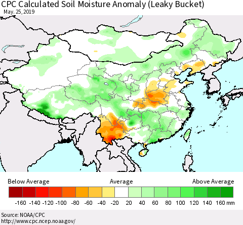 China and Taiwan CPC Calculated Soil Moisture Anomaly (Leaky Bucket) Thematic Map For 5/21/2019 - 5/25/2019