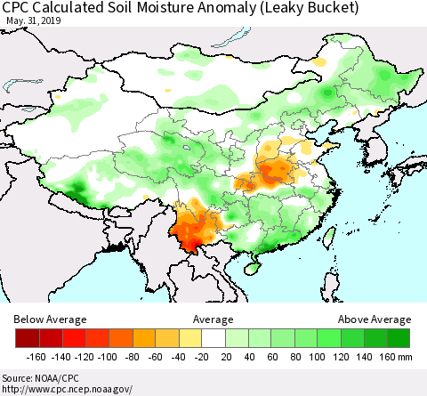 China and Taiwan CPC Calculated Soil Moisture Anomaly (Leaky Bucket) Thematic Map For 5/26/2019 - 5/31/2019
