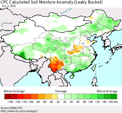 China, Mongolia and Taiwan CPC Soil Moisture Departure from Normal (Leaky Bucket) Thematic Map For 6/1/2019 - 6/5/2019