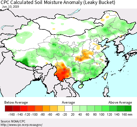 China and Taiwan CPC Calculated Soil Moisture Anomaly (Leaky Bucket) Thematic Map For 6/6/2019 - 6/10/2019