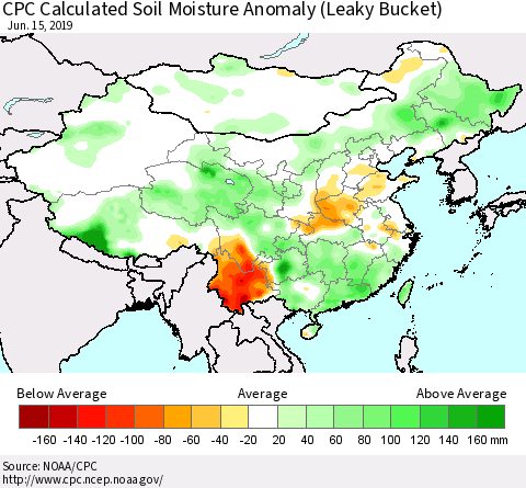 China and Taiwan CPC Calculated Soil Moisture Anomaly (Leaky Bucket) Thematic Map For 6/11/2019 - 6/15/2019