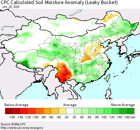 China and Taiwan CPC Calculated Soil Moisture Anomaly (Leaky Bucket) Thematic Map For 6/16/2019 - 6/20/2019