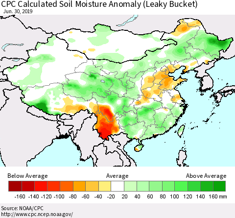 China and Taiwan CPC Calculated Soil Moisture Anomaly (Leaky Bucket) Thematic Map For 6/26/2019 - 6/30/2019