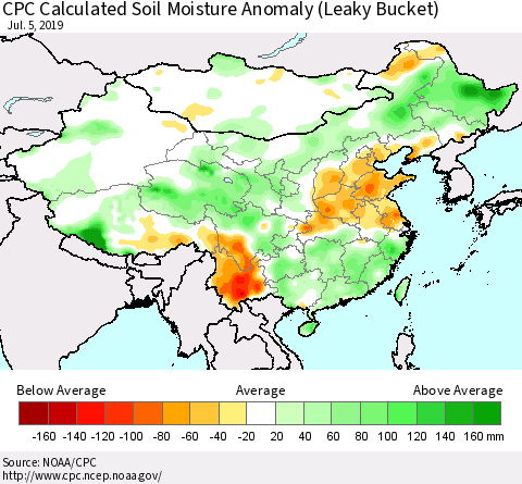 China, Mongolia and Taiwan CPC Soil Moisture Departure from Normal (Leaky Bucket) Thematic Map For 7/1/2019 - 7/5/2019