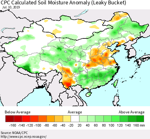 China, Mongolia and Taiwan CPC Soil Moisture Departure from Normal (Leaky Bucket) Thematic Map For 7/6/2019 - 7/10/2019