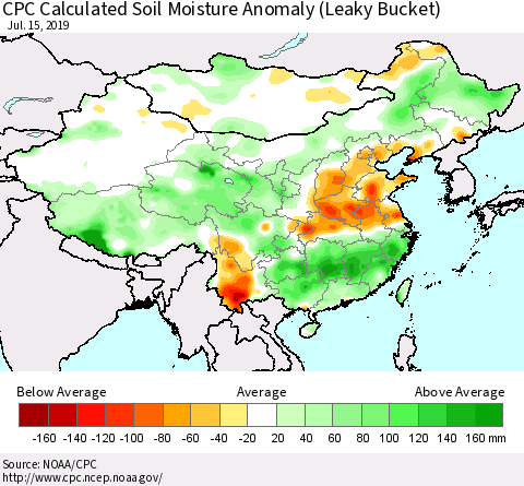 China, Mongolia and Taiwan CPC Soil Moisture Departure from Normal (Leaky Bucket) Thematic Map For 7/11/2019 - 7/15/2019