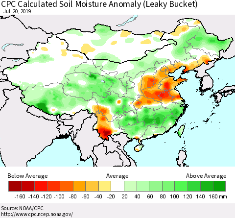 China, Mongolia and Taiwan CPC Soil Moisture Departure from Normal (Leaky Bucket) Thematic Map For 7/16/2019 - 7/20/2019