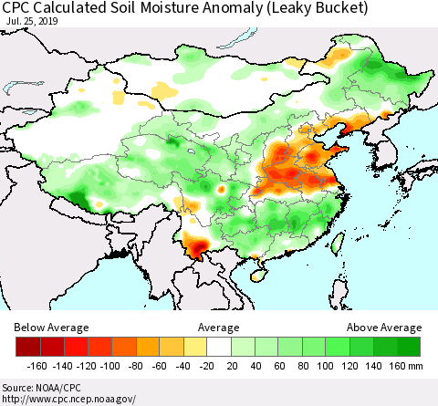 China, Mongolia and Taiwan CPC Soil Moisture Departure from Normal (Leaky Bucket) Thematic Map For 7/21/2019 - 7/25/2019