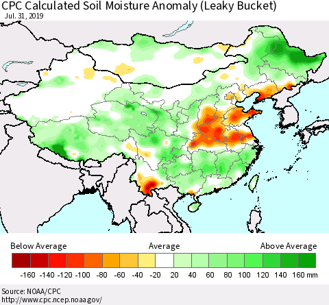 China, Mongolia and Taiwan CPC Soil Moisture Departure from Normal (Leaky Bucket) Thematic Map For 7/26/2019 - 7/31/2019