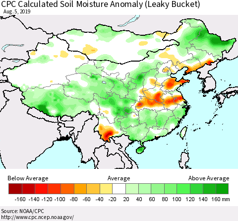 China, Mongolia and Taiwan CPC Soil Moisture Departure from Normal (Leaky Bucket) Thematic Map For 8/1/2019 - 8/5/2019