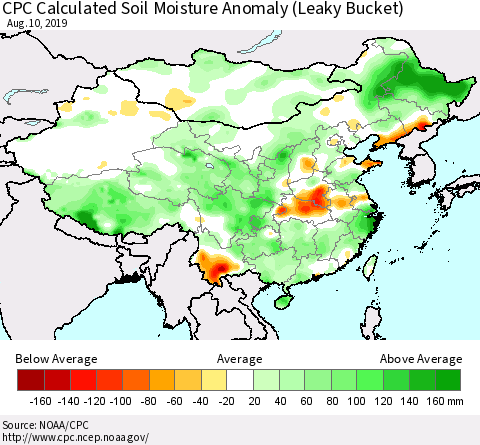 China, Mongolia and Taiwan CPC Soil Moisture Departure from Normal (Leaky Bucket) Thematic Map For 8/6/2019 - 8/10/2019