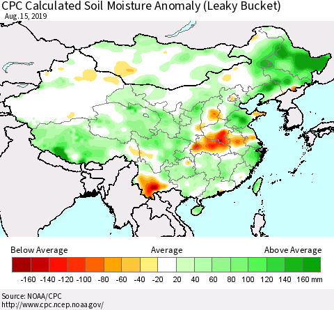 China, Mongolia and Taiwan CPC Soil Moisture Departure from Normal (Leaky Bucket) Thematic Map For 8/11/2019 - 8/15/2019