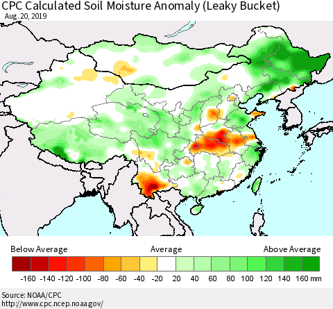 China, Mongolia and Taiwan CPC Soil Moisture Departure from Normal (Leaky Bucket) Thematic Map For 8/16/2019 - 8/20/2019