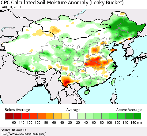 China, Mongolia and Taiwan CPC Soil Moisture Departure from Normal (Leaky Bucket) Thematic Map For 8/26/2019 - 8/31/2019