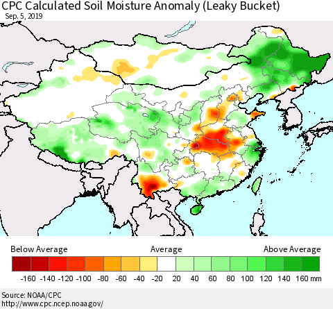 China, Mongolia and Taiwan CPC Soil Moisture Departure from Normal (Leaky Bucket) Thematic Map For 9/1/2019 - 9/5/2019
