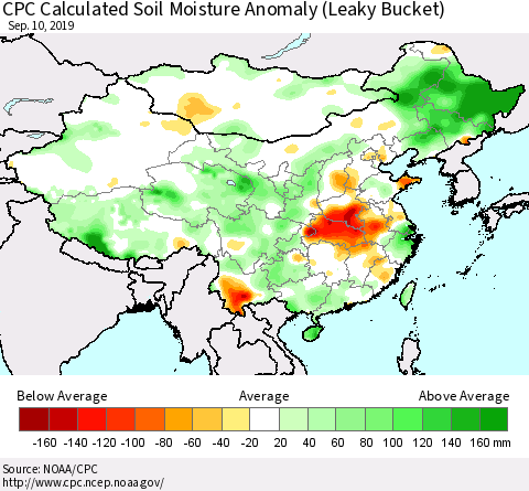 China, Mongolia and Taiwan CPC Soil Moisture Departure from Normal (Leaky Bucket) Thematic Map For 9/6/2019 - 9/10/2019