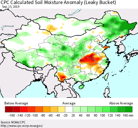 China, Mongolia and Taiwan CPC Soil Moisture Departure from Normal (Leaky Bucket) Thematic Map For 9/11/2019 - 9/15/2019