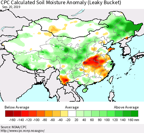 China, Mongolia and Taiwan CPC Soil Moisture Departure from Normal (Leaky Bucket) Thematic Map For 9/16/2019 - 9/20/2019