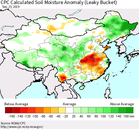 China, Mongolia and Taiwan CPC Soil Moisture Departure from Normal (Leaky Bucket) Thematic Map For 9/21/2019 - 9/25/2019