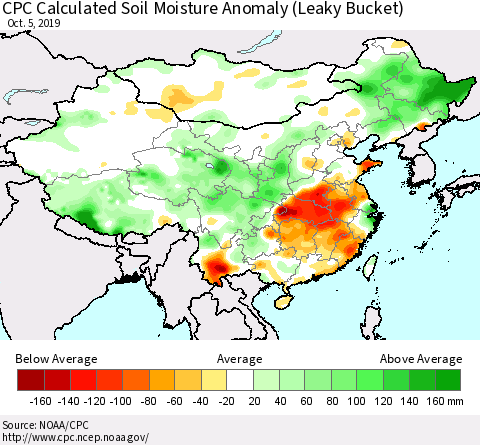 China, Mongolia and Taiwan CPC Soil Moisture Departure from Normal (Leaky Bucket) Thematic Map For 10/1/2019 - 10/5/2019