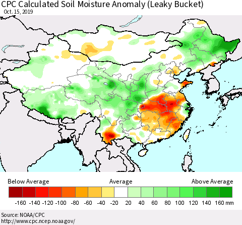 China, Mongolia and Taiwan CPC Soil Moisture Departure from Normal (Leaky Bucket) Thematic Map For 10/11/2019 - 10/15/2019