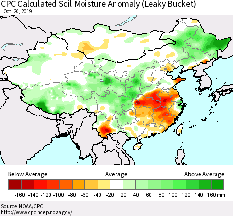 China, Mongolia and Taiwan CPC Soil Moisture Departure from Normal (Leaky Bucket) Thematic Map For 10/16/2019 - 10/20/2019