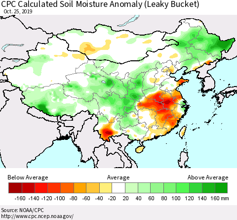 China, Mongolia and Taiwan CPC Soil Moisture Departure from Normal (Leaky Bucket) Thematic Map For 10/21/2019 - 10/25/2019