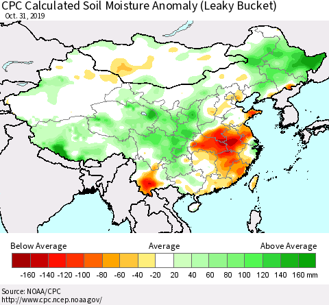China, Mongolia and Taiwan CPC Soil Moisture Departure from Normal (Leaky Bucket) Thematic Map For 10/26/2019 - 10/31/2019