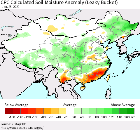 China, Mongolia and Taiwan CPC Soil Moisture Departure from Normal (Leaky Bucket) Thematic Map For 1/21/2020 - 1/25/2020