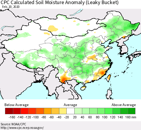 China, Mongolia and Taiwan CPC Soil Moisture Departure from Normal (Leaky Bucket) Thematic Map For 2/16/2020 - 2/20/2020