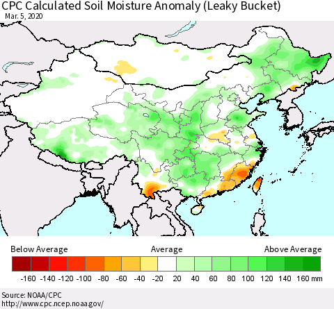 China, Mongolia and Taiwan CPC Soil Moisture Departure from Normal (Leaky Bucket) Thematic Map For 3/1/2020 - 3/5/2020
