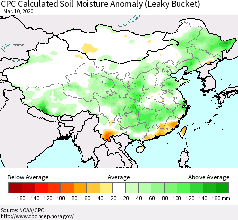 China, Mongolia and Taiwan CPC Soil Moisture Departure from Normal (Leaky Bucket) Thematic Map For 3/6/2020 - 3/10/2020