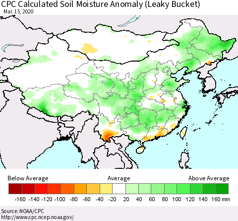 China, Mongolia and Taiwan CPC Soil Moisture Departure from Normal (Leaky Bucket) Thematic Map For 3/11/2020 - 3/15/2020