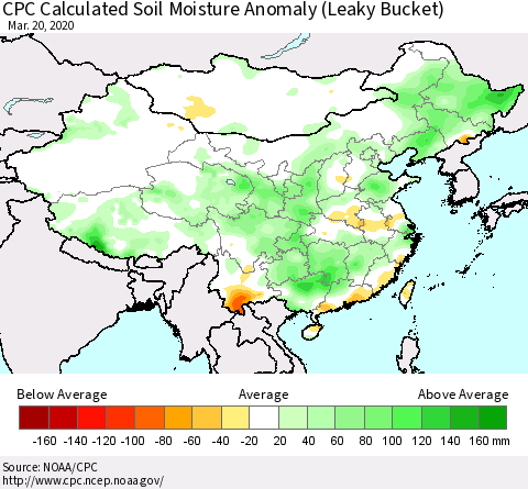 China, Mongolia and Taiwan CPC Soil Moisture Departure from Normal (Leaky Bucket) Thematic Map For 3/16/2020 - 3/20/2020