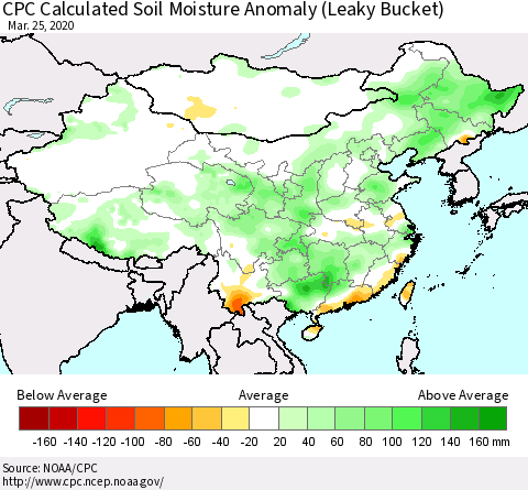 China, Mongolia and Taiwan CPC Soil Moisture Departure from Normal (Leaky Bucket) Thematic Map For 3/21/2020 - 3/25/2020