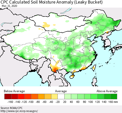 China, Mongolia and Taiwan CPC Soil Moisture Departure from Normal (Leaky Bucket) Thematic Map For 3/26/2020 - 3/31/2020