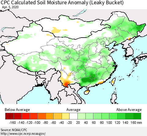 China, Mongolia and Taiwan CPC Soil Moisture Departure from Normal (Leaky Bucket) Thematic Map For 4/1/2020 - 4/5/2020