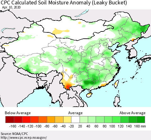China, Mongolia and Taiwan CPC Soil Moisture Departure from Normal (Leaky Bucket) Thematic Map For 4/6/2020 - 4/10/2020