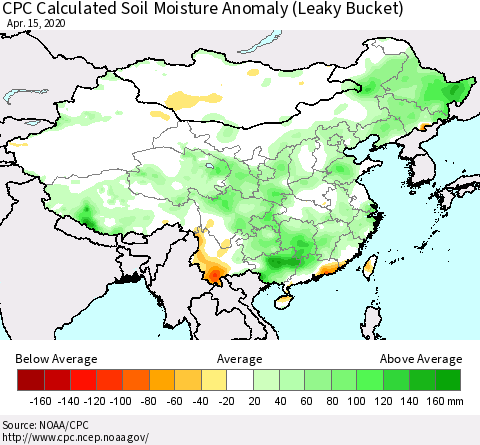 China, Mongolia and Taiwan CPC Soil Moisture Departure from Normal (Leaky Bucket) Thematic Map For 4/11/2020 - 4/15/2020