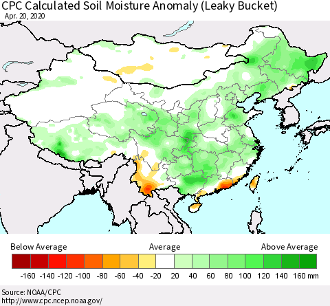 China, Mongolia and Taiwan CPC Soil Moisture Departure from Normal (Leaky Bucket) Thematic Map For 4/16/2020 - 4/20/2020