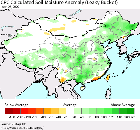 China, Mongolia and Taiwan CPC Soil Moisture Departure from Normal (Leaky Bucket) Thematic Map For 4/21/2020 - 4/25/2020